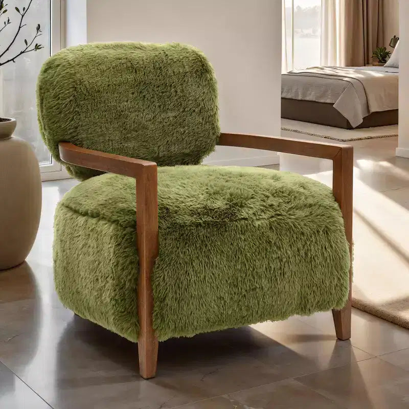 TUYOHW 28 Wide Yeti Accent Chair;Faux Fur Upholstered Lounge Chair with Tight Back & Seat;Walnut Wooden Arms;Armchair for Living Room;Bedroom