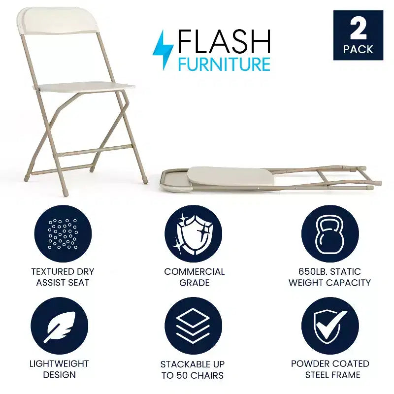 Flash Furniture Hercules Series Plastic Folding Chair - 2 Pack 650LB Weight Capacity
