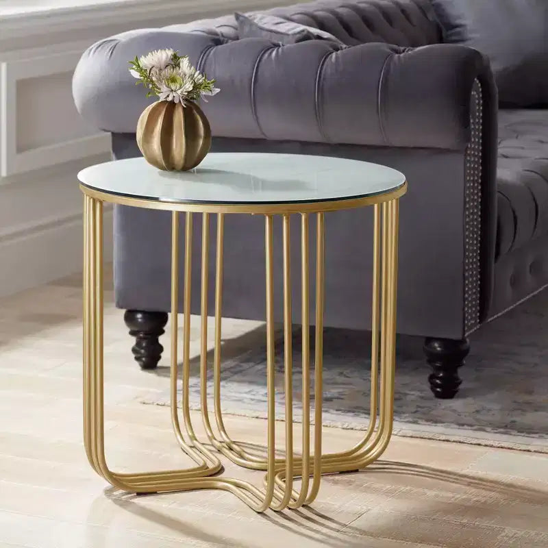 Studio 55D Yuri Modern Bronze Metal Round Accent Side End Table 24 Wide Gold Marbleized Glass Tabletop for Living Room Bedroom Bedside Entryway House