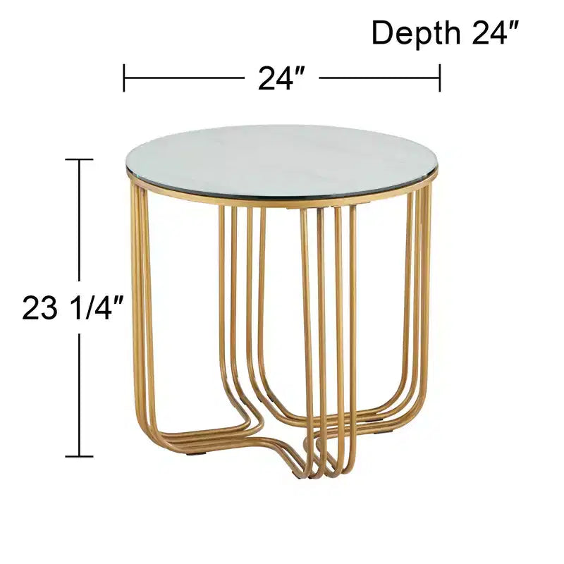 Studio 55D Yuri Modern Bronze Metal Round Accent Side End Table 24 Wide Gold Marbleized Glass Tabletop for Living Room Bedroom Bedside Entryway House