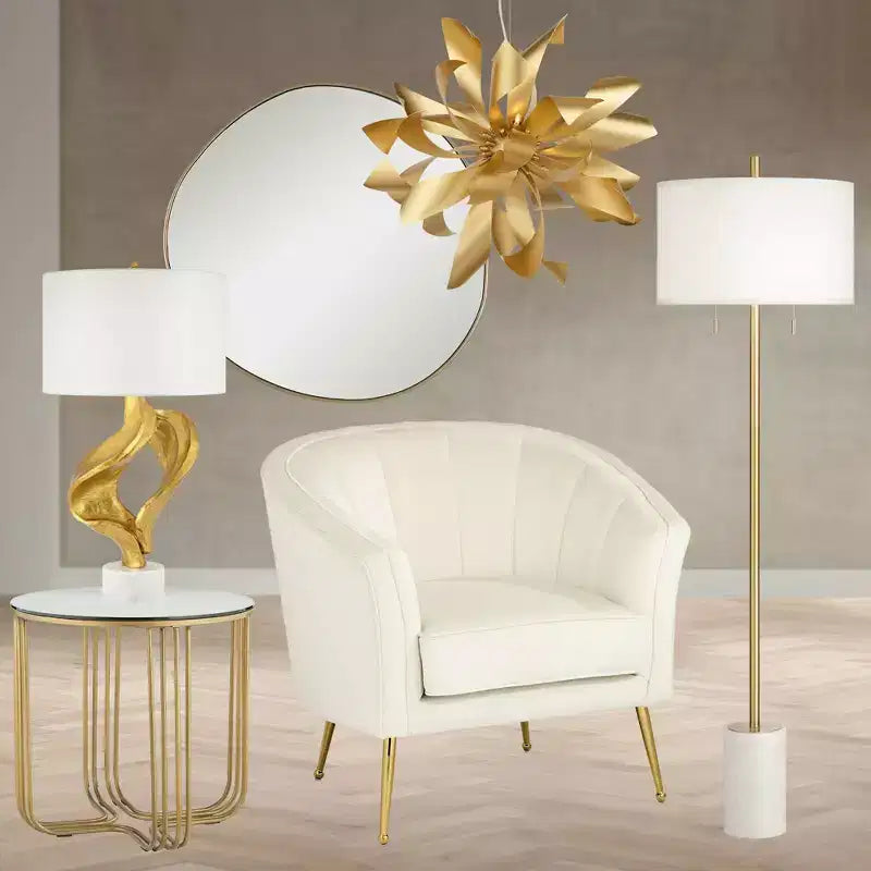 Studio 55D Yuri Modern Bronze Metal Round Accent Side End Table 24 Wide Gold Marbleized Glass Tabletop for Living Room Bedroom Bedside Entryway House