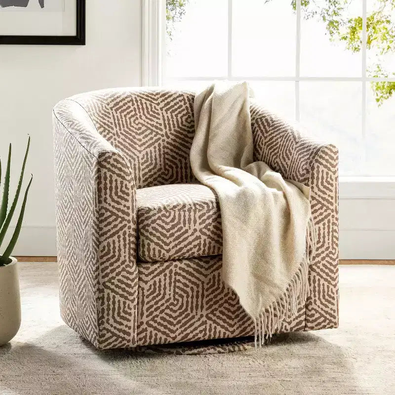 Liria Wooden Upholstered Barrel Chair for Livingroom with Metal Swivel Base| ART OF LIVING DESIGNS